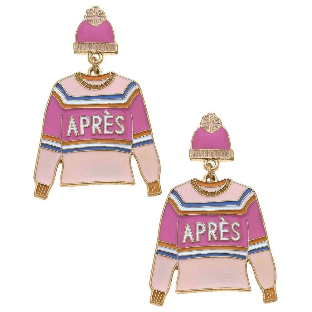 CANVAS STYLE Pink Après Ski Sweater Beanie‎ Drop Earrings Enamel Gold Plated NWT